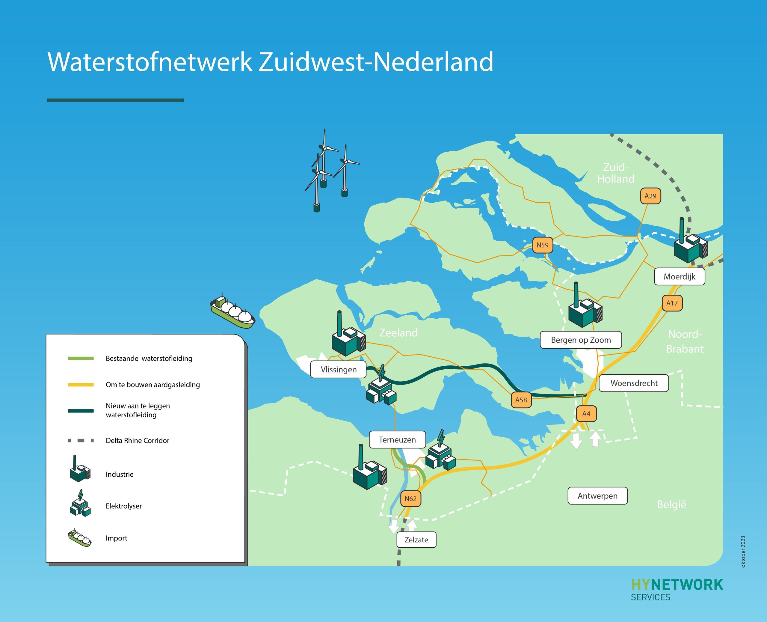 Kaart waterstofnetwerk zuidwest-Nederland
