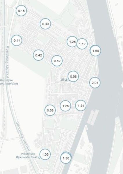 Kaart met de positie van de peilbuizen in Sluiskil