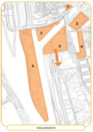 Masterplan Axelsedam. Met een overzicht van de deelgebieden 1 t/m 6. Zie toelichting in de tekst.