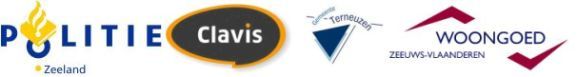 Logo's samenwerkende organisaties: Politie Zeeland, Clavis, gemeente Terneuzen en Woongoed Zeeuws-Vlaanderen